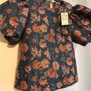 THML Navy and Rust Floral Puff Sleeve Blouse